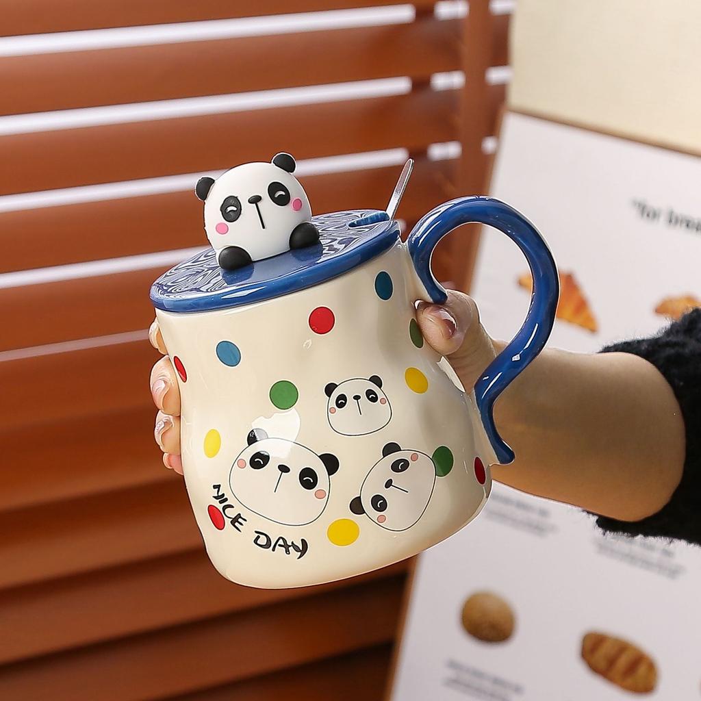 Polka dot animal cat mug with lid spoon gift box ceramic cup household water cup female cute office cup