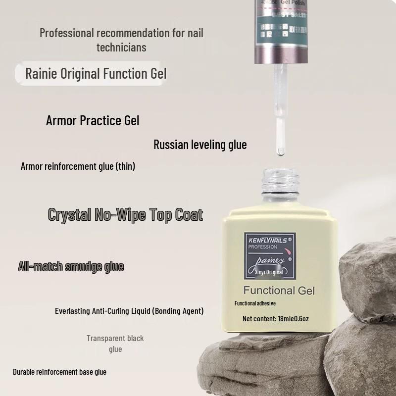 Rainie Nail Gel Builder: Strengthening Base & Tempered Top Coat with Matte Glass Sealer & Nail Tip Adhesive.