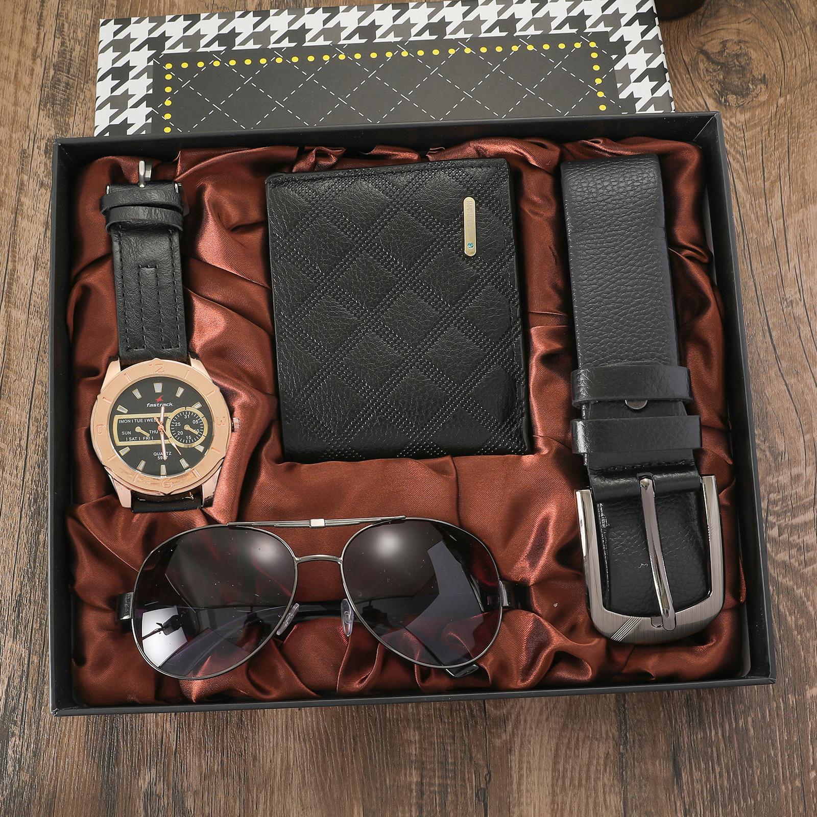 

New sports leisure multi-functional quartz calendar men s watch belt sunglasses wallet gift 4-piece set gift box чёрный