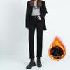 2025 Winter High-Waisted Black Frayed Straight Jeans: Velvet Lined, Loose Stretch Fit for Women