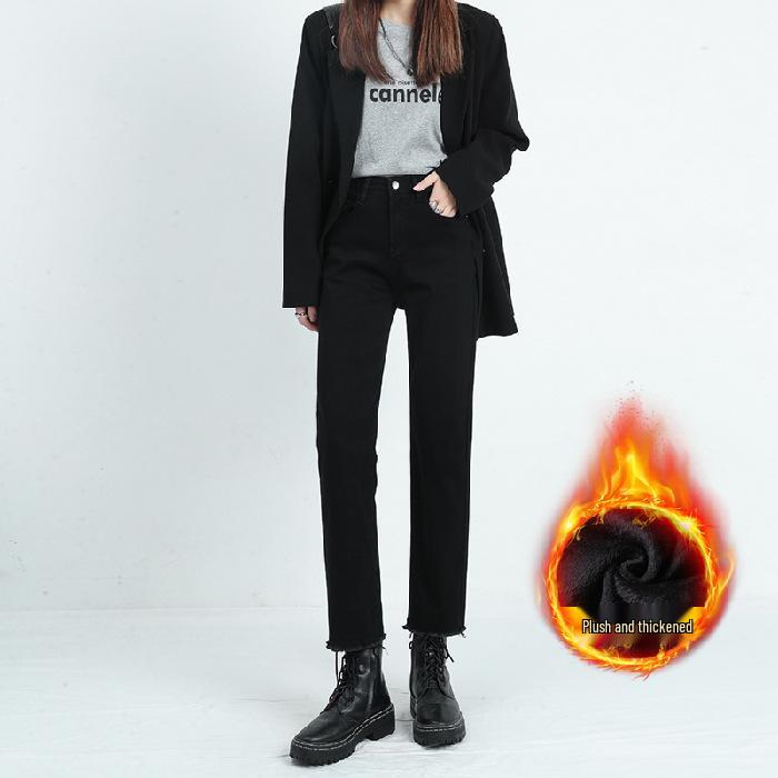 2025 Winter High-Waisted Black Frayed Straight Jeans: Velvet Lined, Loose Stretch Fit for Women