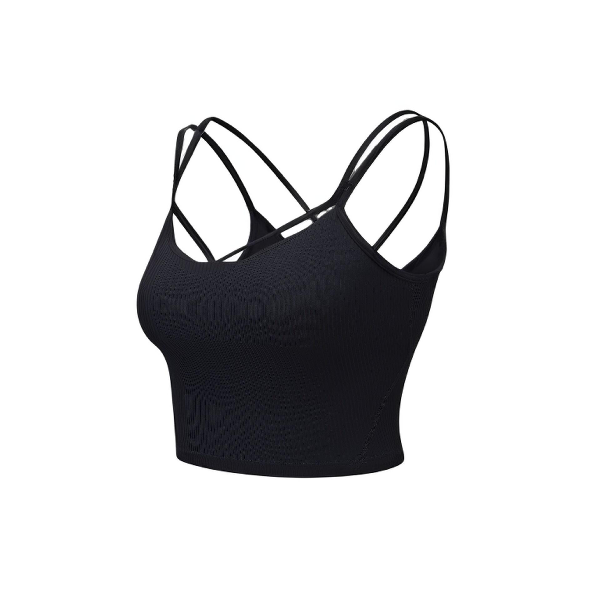 Women s Sexy Ribbed Yoga Tank Top with Chest Pads and Strappy Back for Outdoor Sports XS чёрный