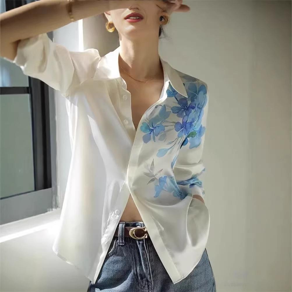 National Style Ink Painting Gradual Change Flower Positioning Printing Shirt 2026 Early Spring Lapel Design High-end Silk Shirt