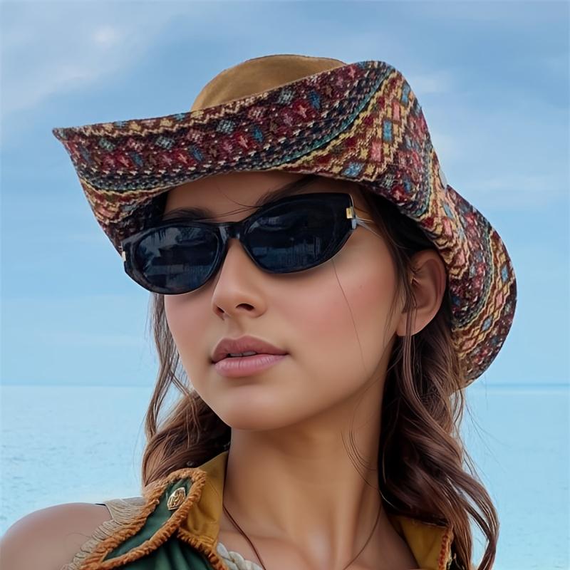 2-Way Adjustable Women's Bohemian Embroidered Sun Hat - Wide Brim Windproof Fisherman Hat with Vibrant Geometric Patterns, All-Season Outdoor Travel
