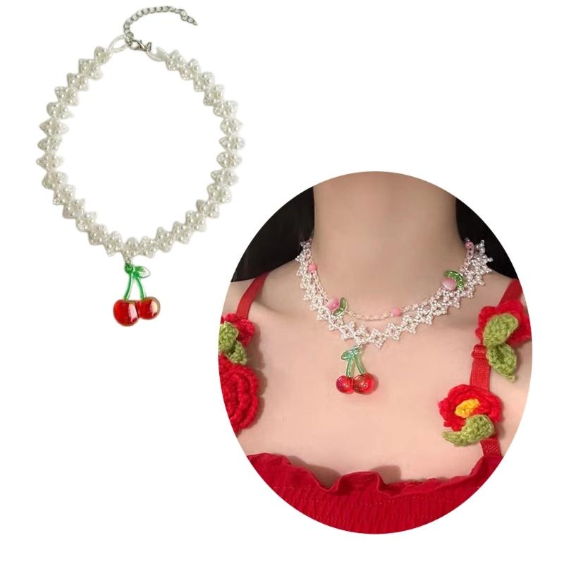 Fashion Cherry Strawberry Pendant Necklace Sweet Double Layer Pearl Clavicle Chain Choker Necklace Jewelry Neck Chain