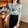 Spring and Summer Design Sense Temperament Shirt Long-sleeved Blouse Three-quarter Sleeve Printed Chiffon Shirt Women's Clothing