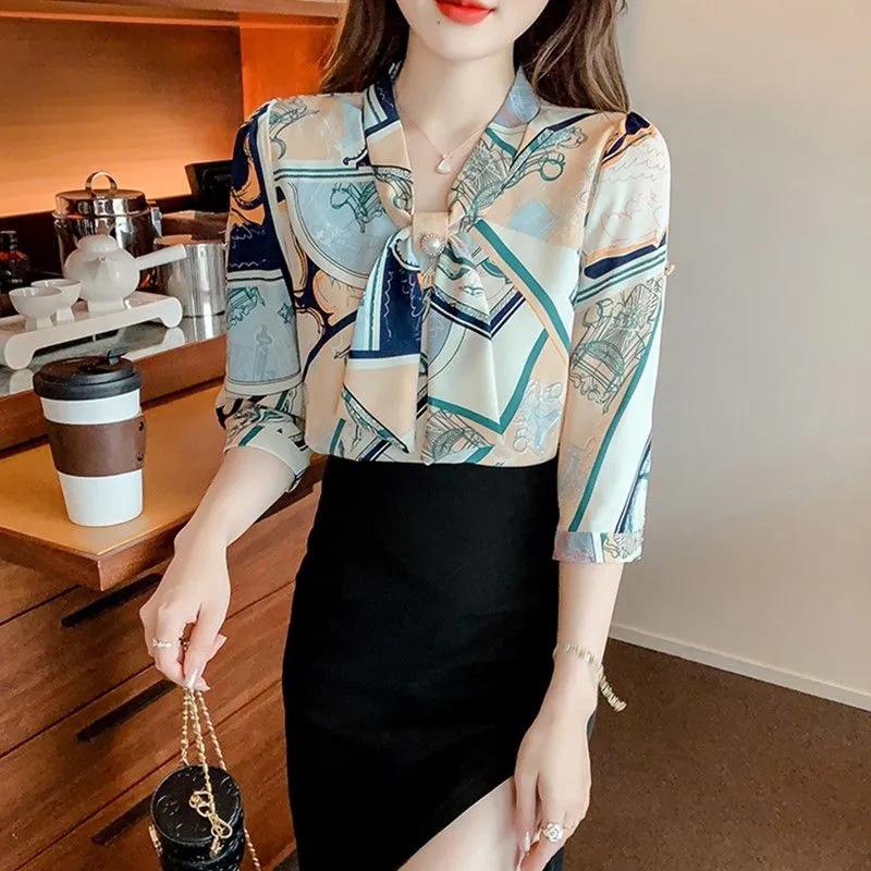 Spring and Summer Design Sense Temperament Shirt Long-sleeved Blouse Three-quarter Sleeve Printed Chiffon Shirt Women's Clothing
