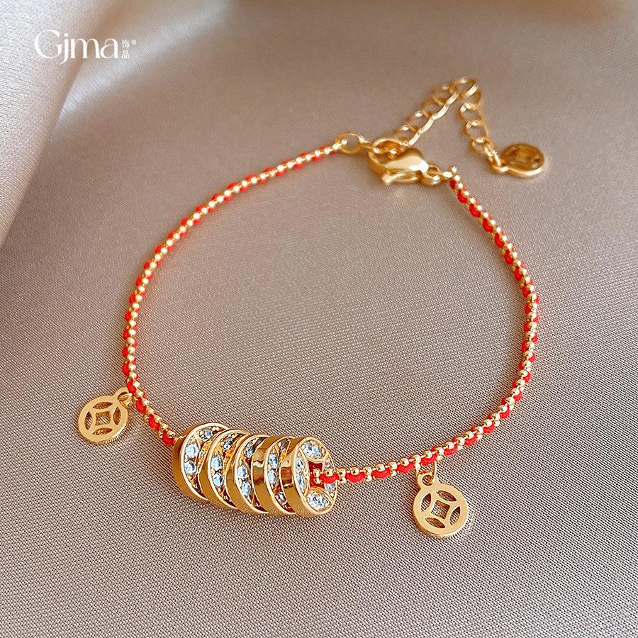 18k real gold electroplated new Chinese zircon copper coin red rope bracelet bracelet retro temperament jewelry