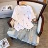 2024 Summer Plus Size Embroidered Cotton Short-Sleeve Denim Shorts Set