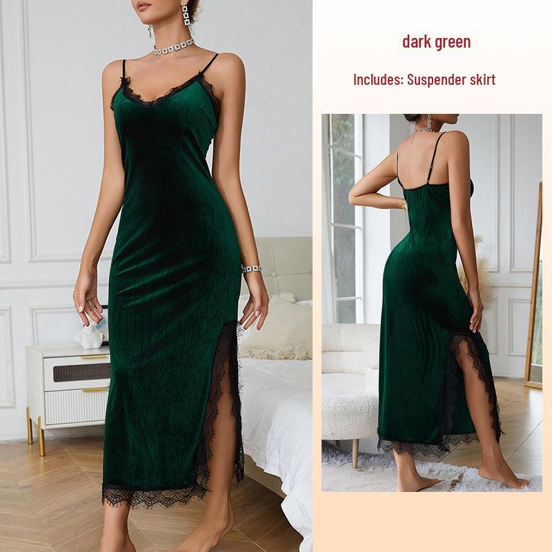 

Feiyun Women s Velvet Lace Deep V Open Back Nightgown Large
