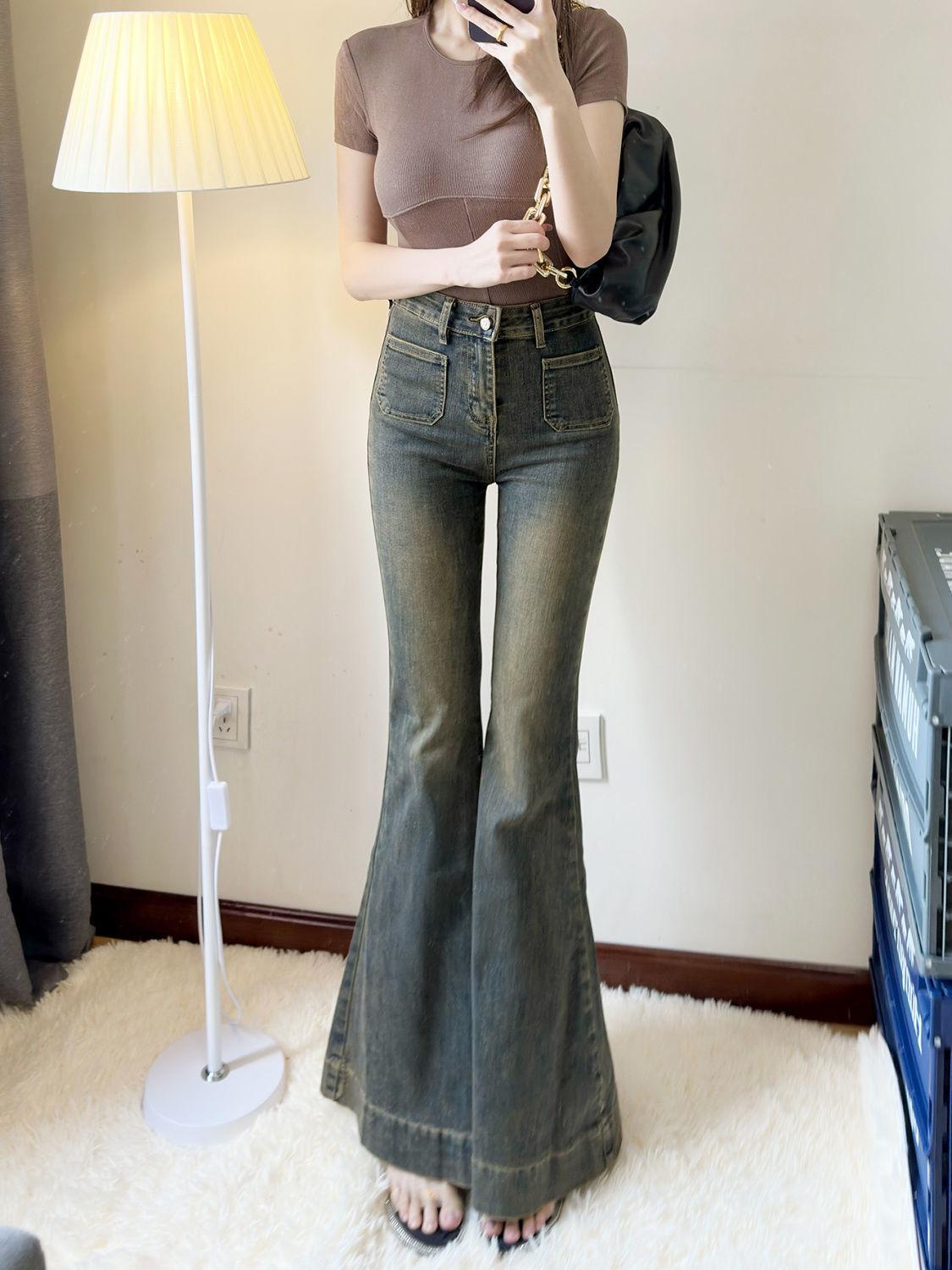 

2025 Весна/Осень Ретро Джинсы Женские С Завышенной Талией Скинни Рыбий Хвост L синий