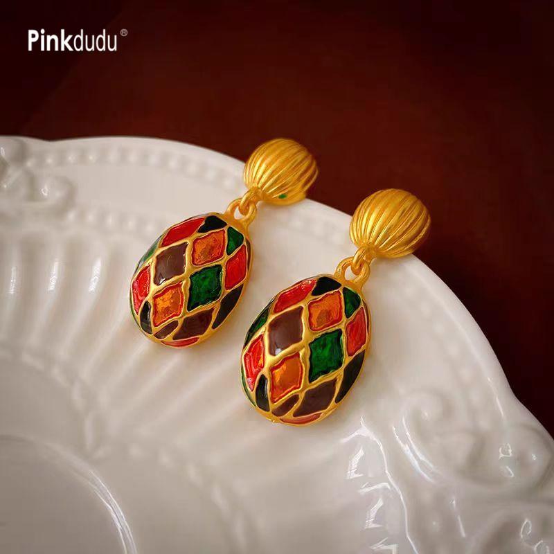 Pinkdudu Vintage Silver Needle Oval Enamel Colored Glazed Drop Earrings Luxurious Classical Court Style Dangle earrings for Women PD2136