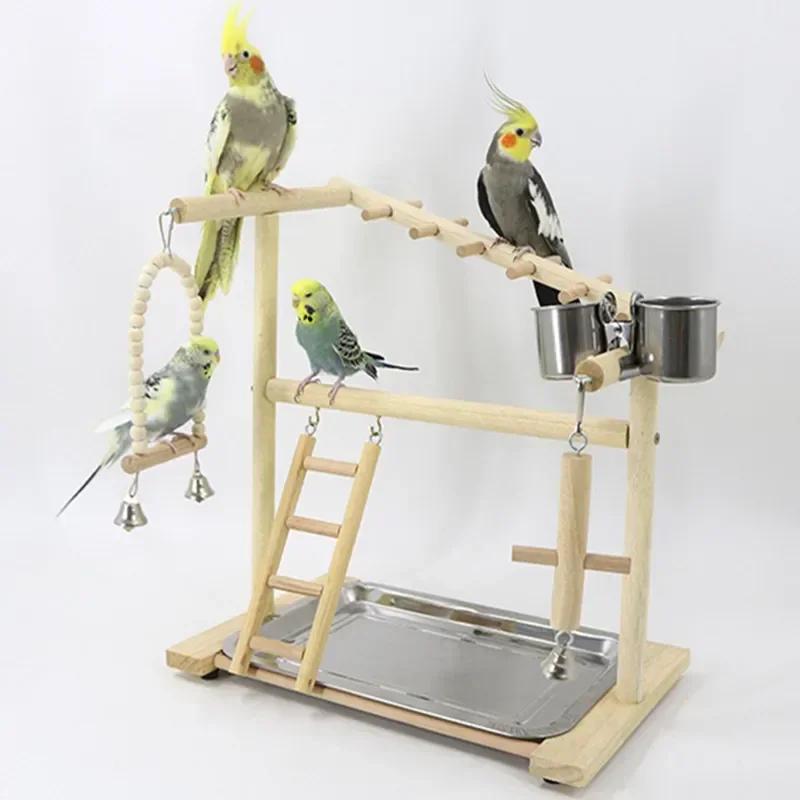 Wooden Bird Playstand Gym - Parrot Cockatiel Playground with Metal Feeder Perch Ladder Plate Interactive Bird Toy for Activity