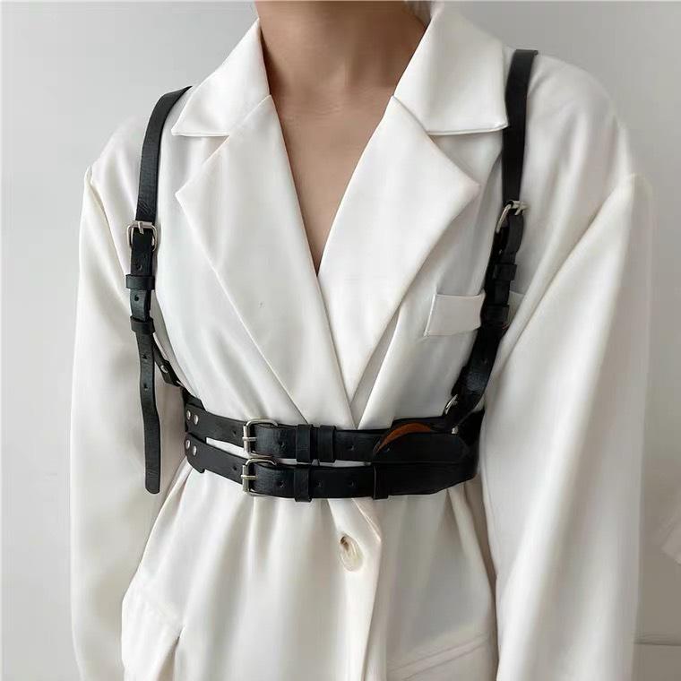 Women's Punk Double Strap Leather Vest Belt for Suits, Coats, and Dresses