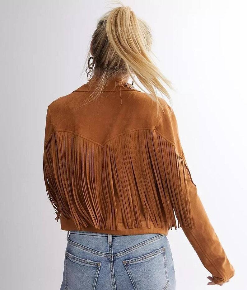 Echte handgemachte Wildleder Frauen braun Motorrad Lammfell Jacke Fransen Leder