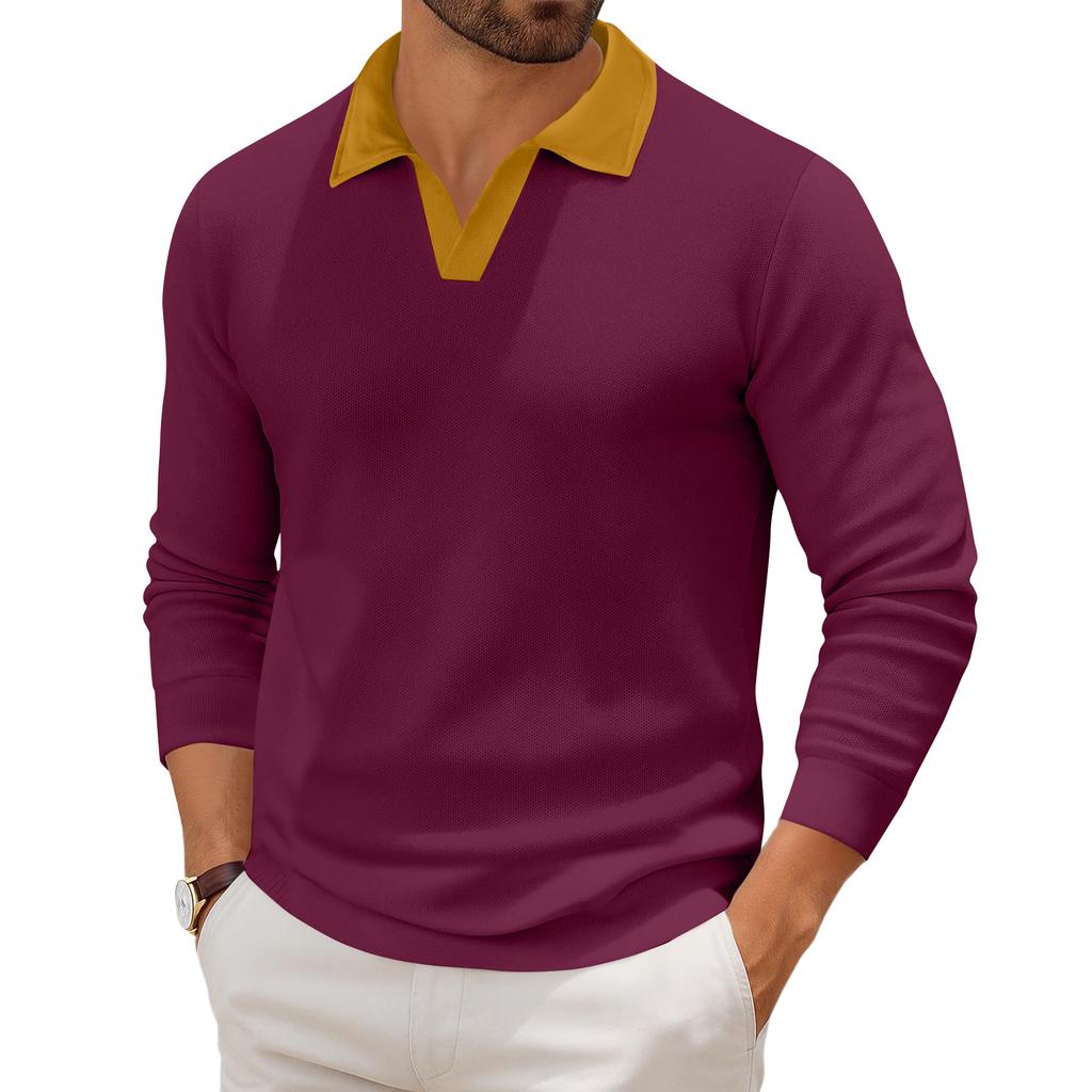 Men's Casual Color-Block Collared Long-Sleeve Knit Base Layer Top