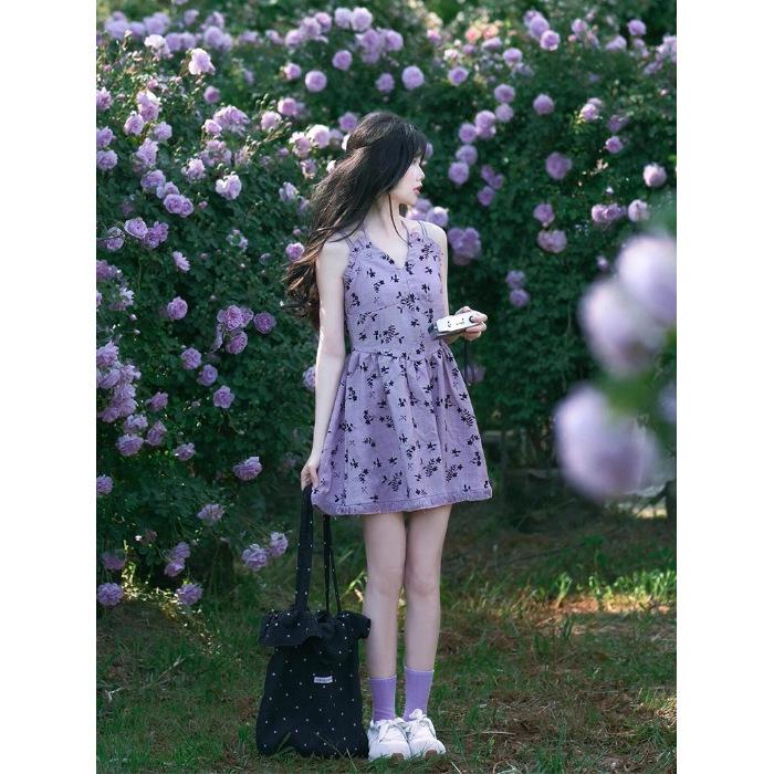 

Summer beautiful sweet dopamine skirt beautiful waist skirt French vacation purple suspender dress S фиолетовый