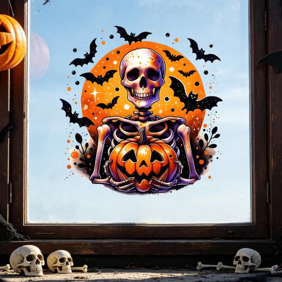 Creative Halloween Gift Ideas Static Window Clings, Watercolor Pumpkin Ghost Skull Decals, No Large Decals for Parties Glue Glass Stickers Living Room