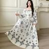 Fattened extra large size floral long-sleeved dress 100kg fat girl long dress one-word shoulder loose maternity dress