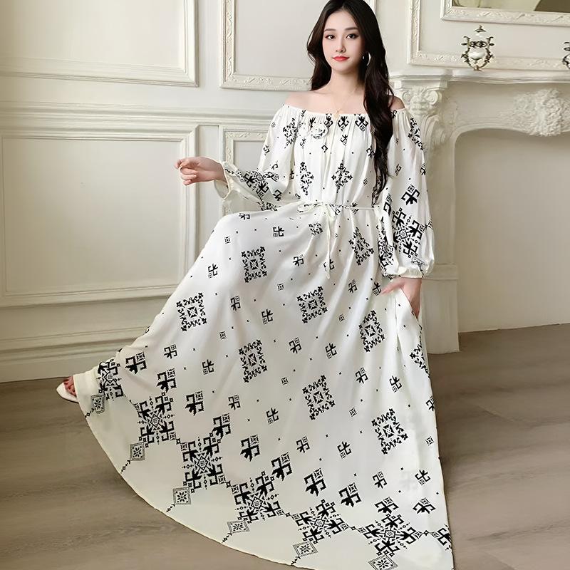Fattened extra large size floral long-sleeved dress 100kg fat girl long dress one-word shoulder loose maternity dress