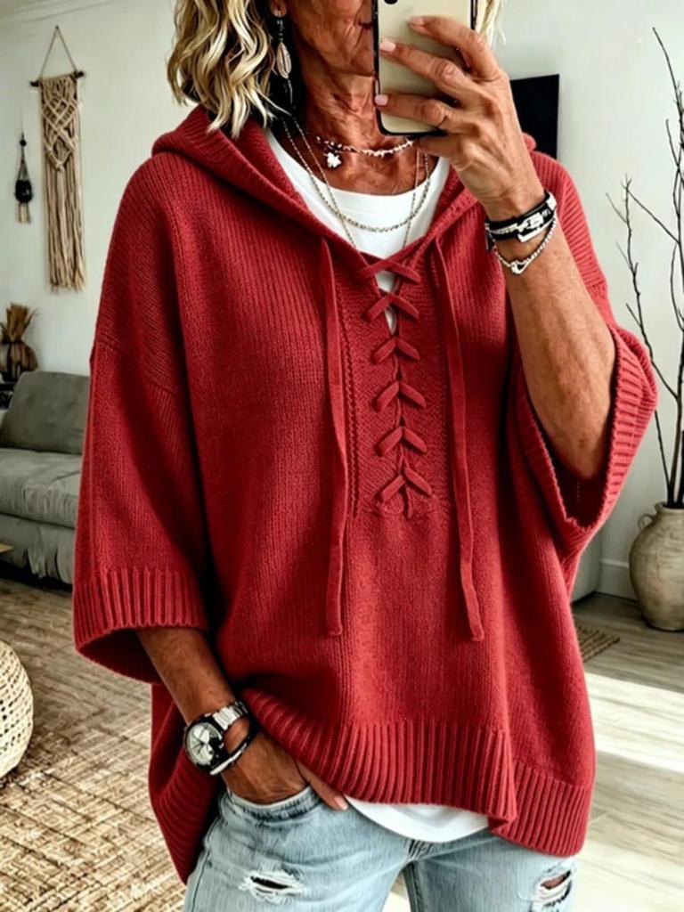 Europe & America Solid Color Hooded Sweater - Autumn 2026, Loose Knit Top with Drawstring for Women