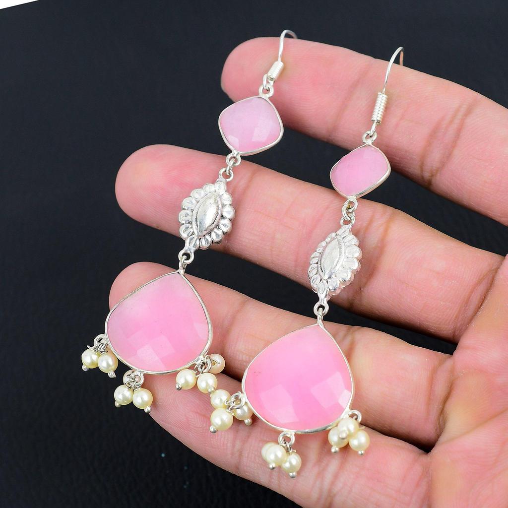 Natural Pink Chalcedony Gemstone 925 Silver Drop/Dangle Earrings For Women