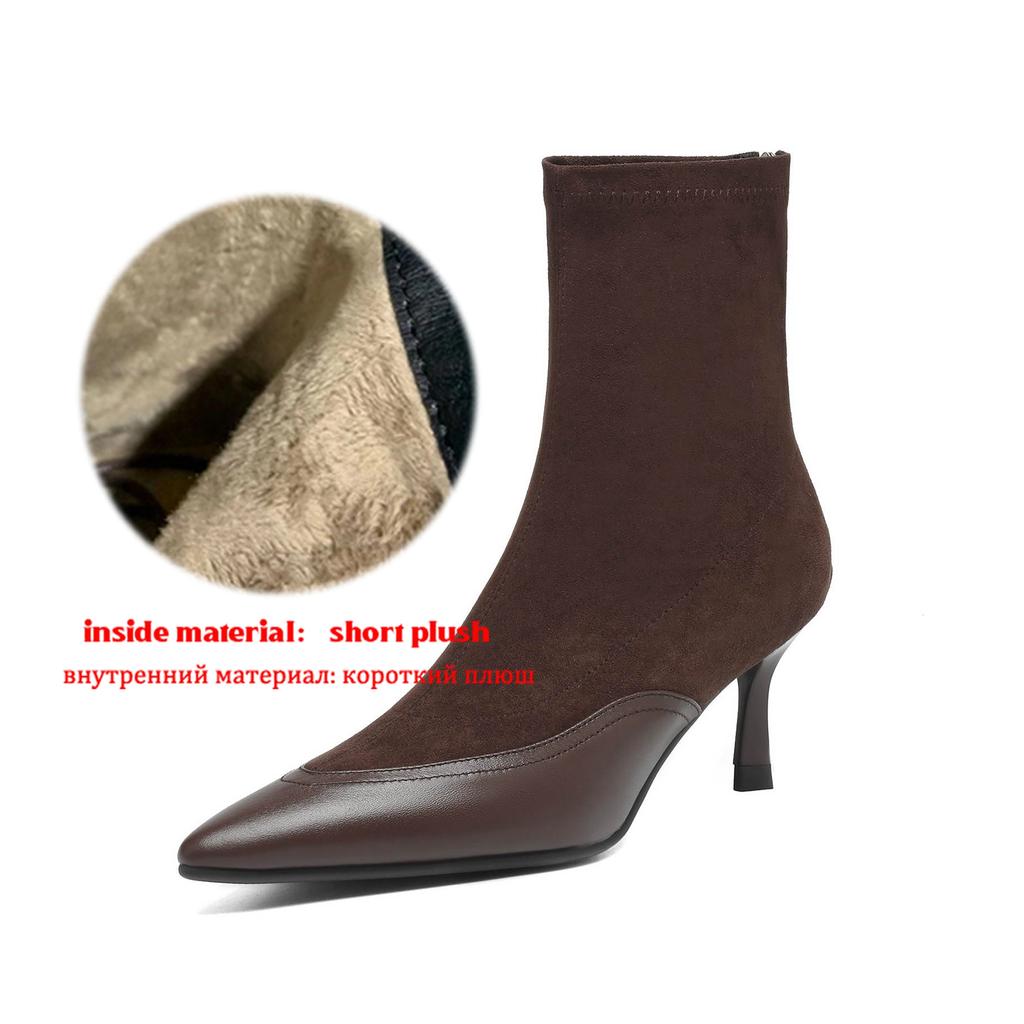 Krazing Pot Flock Pointed Toe Thin High Heels Modern Boots Size 42 Zip Patch Work Women Elastic Ankle Boots
