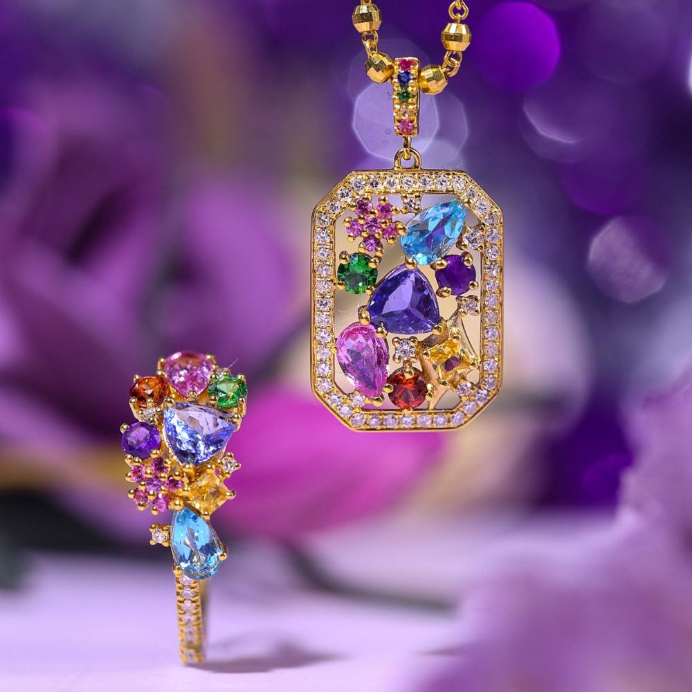 

Women Jewelry Set Secret Garden Romantic Multicolor Gemstone Ring 18K Gold Plated Tanzanite Pendant Necklace