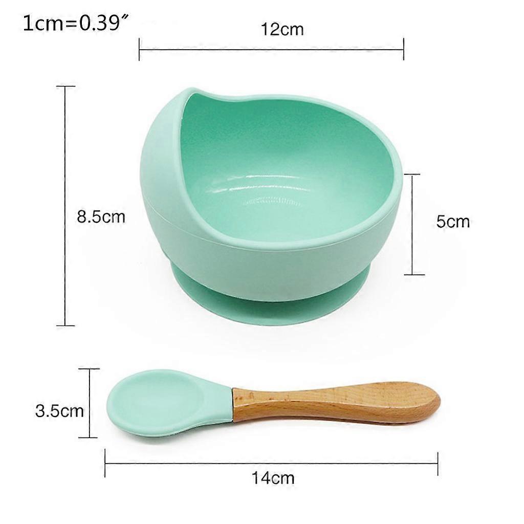 2 Pcs Baby Silicone Suction Cup Base Bowl Spoon Set Non-Slip Learning Feeding Tableware Kids Sucker Dishes Dinnerware Green