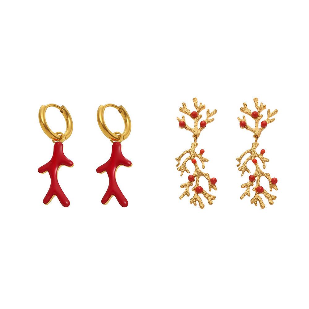 18k Gold-Plated Delicate Coral Red Bead Earrings with Stainless Steel for Women