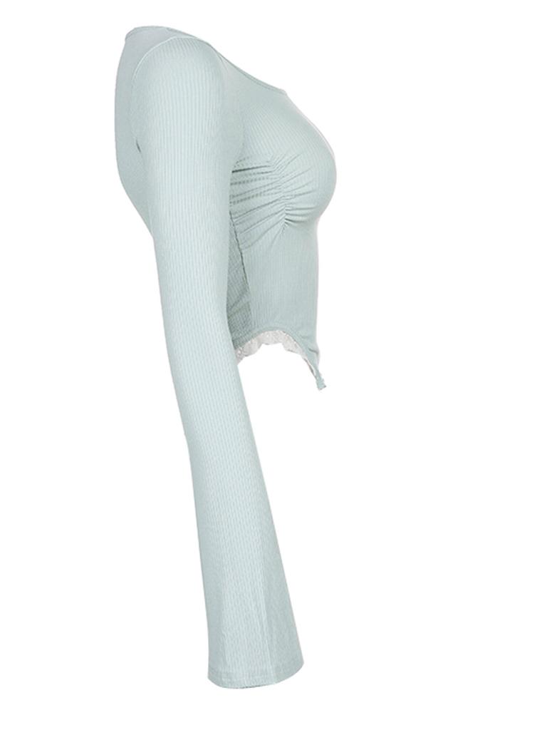 Women S Fashion Slim Cropped Tops Lace Ribbed Patchwork Flare Long Sleeve Round-Neck Show Navel T-Shirt