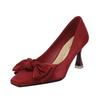 Chinese Xiuhe Bridal Shoes Sheepskin Satin Wedding Shoes Women's Square Head High Heels Bow Red Single Shoes