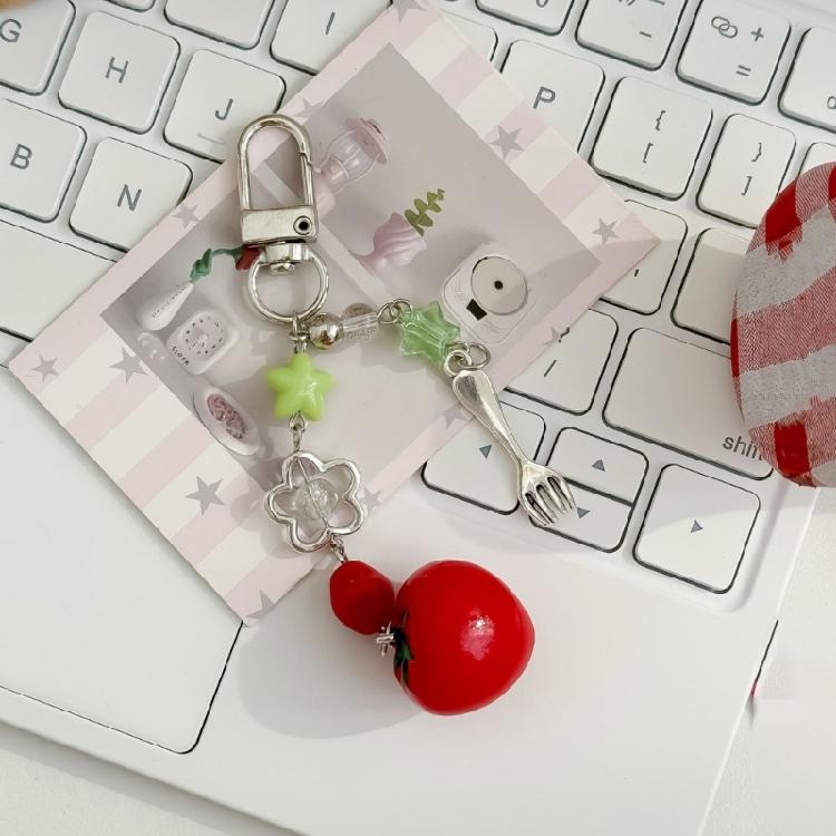 Creative Tomato Fork Keychain Phone Lanyard Resin Charm Decorative Accessory For Car Interior And Gifting