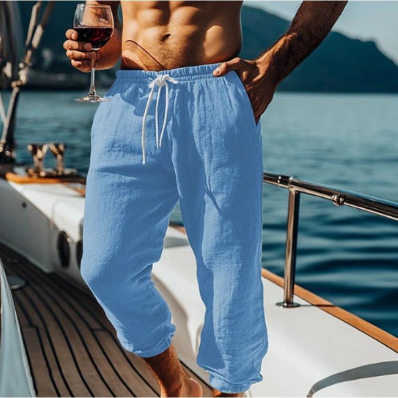 Cotton and Linen Nine Cropped Pants Beach Pants Pocket Drawstring Elastic Waist Solid Color Comfortable and Breathable  Men’s Casual Pants