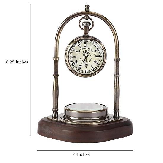 Antique Brass Nautical Vintage Style Table Clock with Wooden Base