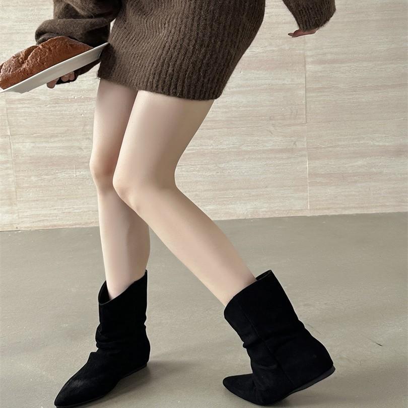 Inner heightening pile short boots women's shoes 2025 spring and autumn single boots pointed khaki with skirt high heel thin boots