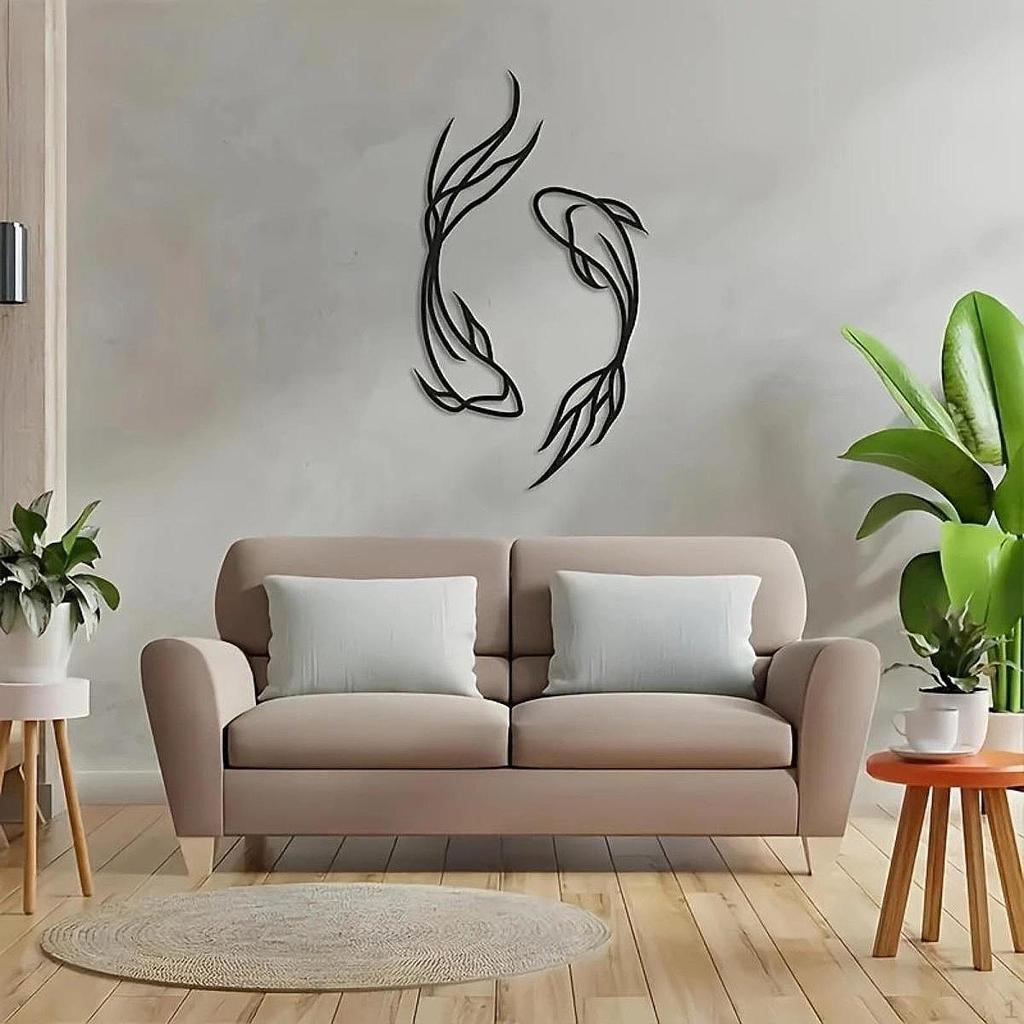 2 Koi Metal Wall Sculptures, Decor, Creative Gifts, Abstract, Hangings, Minimalist Line