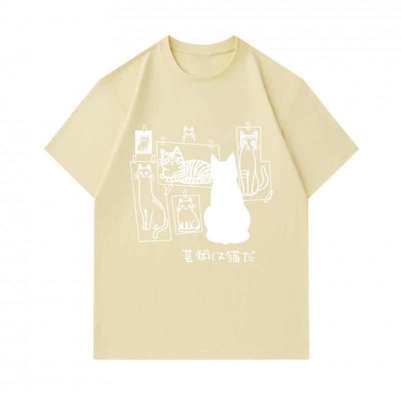 Men's 100% Cotton Crew Neck Short Sleeve T-Shirt, Cute Cat Art Pattern Casual Summer Tee, Comfortable Lightweight Daily Basic Tops for Cat Lovers