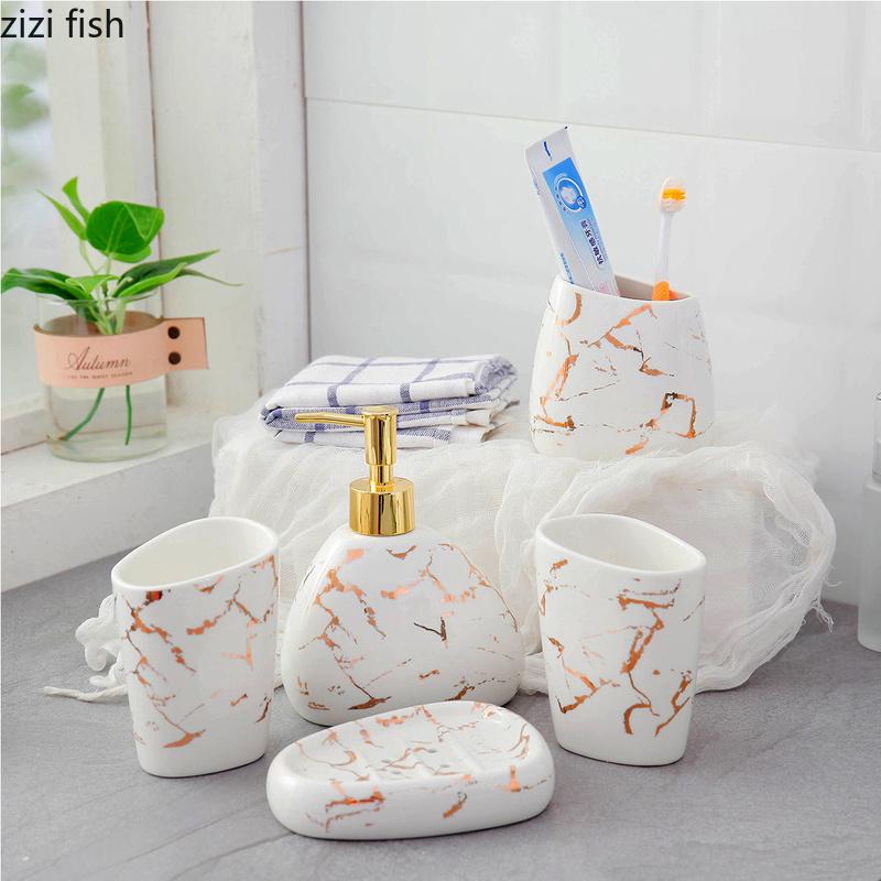 6/7pcs Set Gold Marble Ceramics Bathroom Accessories Set Soap Dispenser/Toothbrush Holder/Tumbler/Soap Dish Bathroom Products