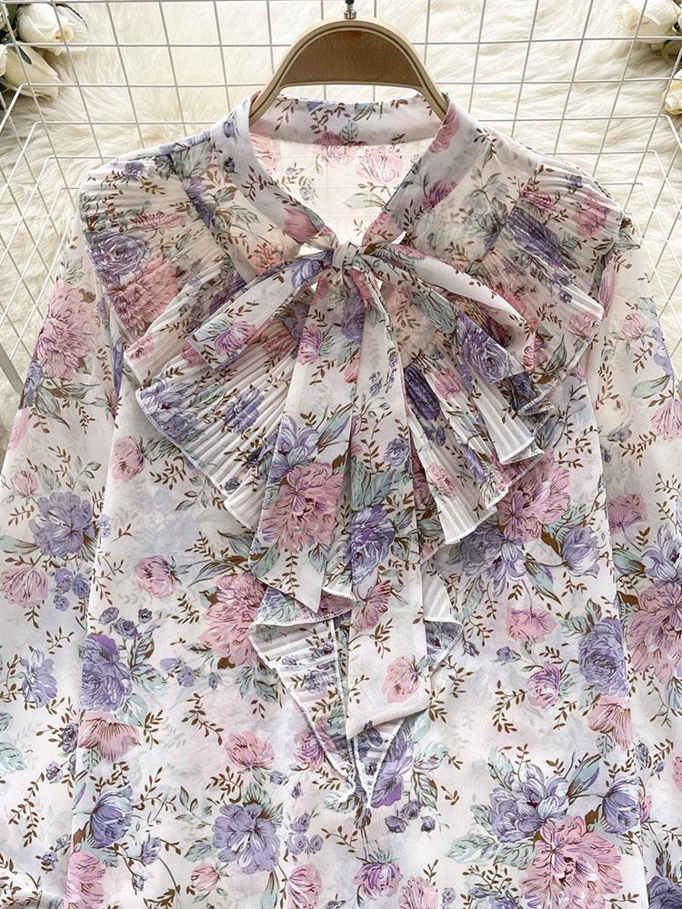 Damen Frühlingsbluse Elegantes Hemd mit Schleifenkragen Patchwork Plissierter Rüschenrand Slim Fit Oberteile Französischer Stil Puffärmel Lässige Bluse