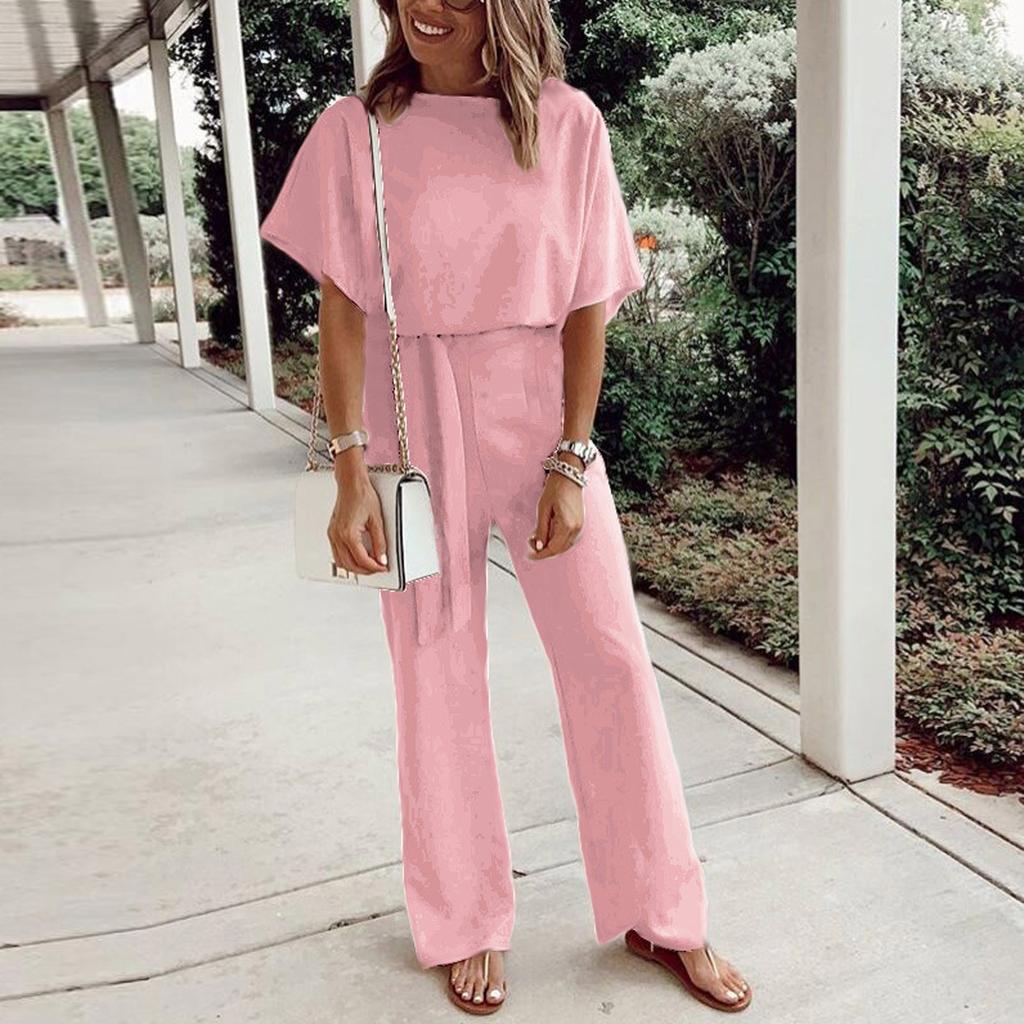 Women Fashion Leisure Solid Color Lace-Up Short Sleeves Female Jumpsuit
