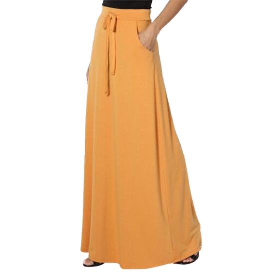 Women Maxi Skirt Adjustable Drawstring High-Waisted Solid Color Long Skirt with Pockets Casual Work Skirt