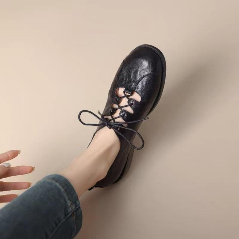 Autumn/Spring Women Loafers Round Toe Low Heel Shoes Genuine Leather Shoes for Women Cross-tied Women Pumps Handmade Shoes