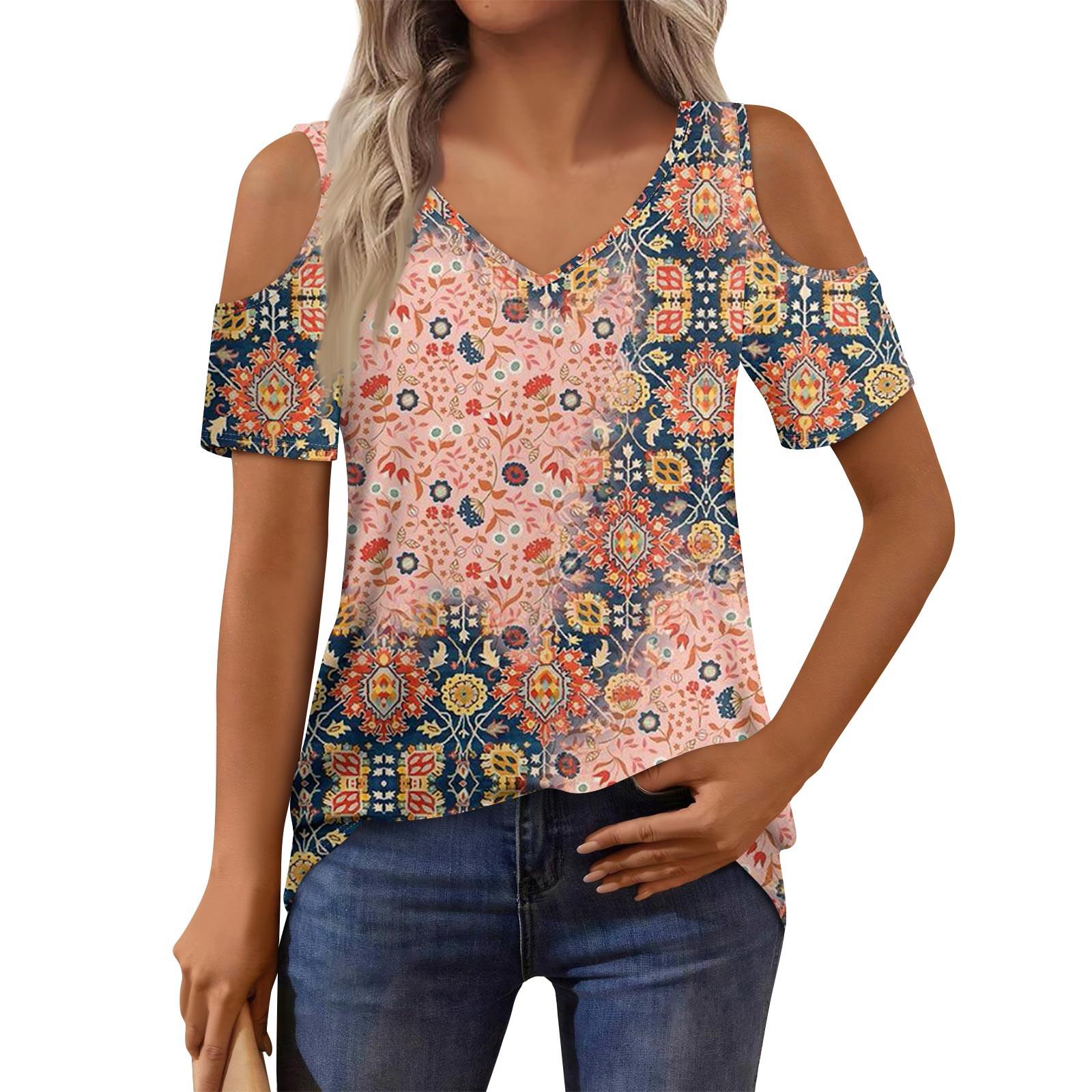 

Женская футболка, элегантная повседневная рубашка с принтом, короткий рукав, летний топ свободного кроя M тёмно-синий