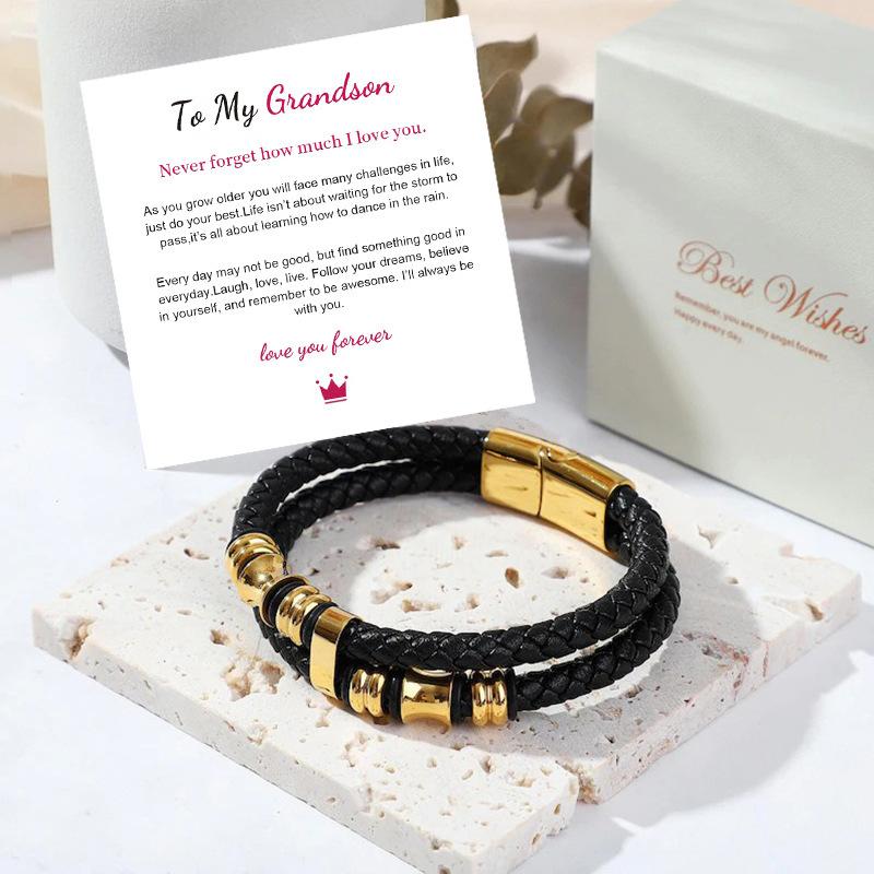 Leather rope bracelet cowhide men's double-layer stainless steel leather woven bracelet handmade multi-layer bracelet