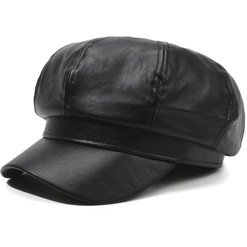 Fashion Women's Beret Hat, Winter Korean Style Leather Peaked Cap, Plain Color Baker Boy Hat for Women