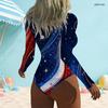Women Plus Size Dark Blue High Neck Front Zip Long Sleeve Galaxy Printed One Piece Swimsuit