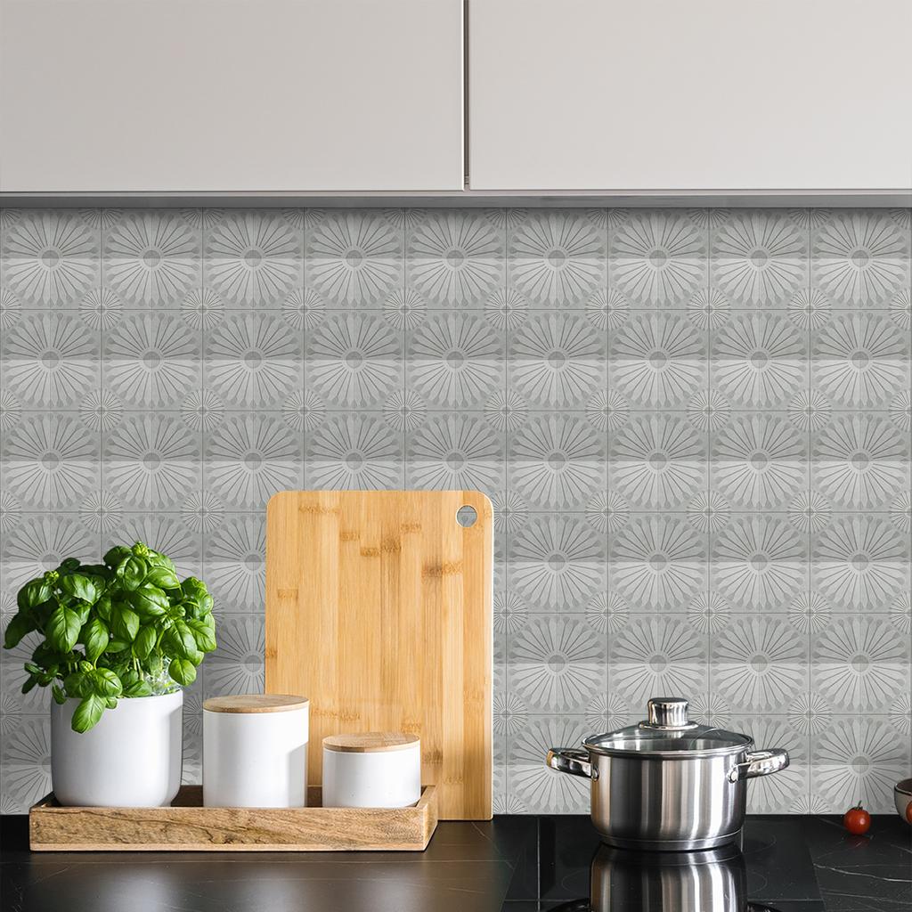 10Pcs  Grey Tile Stickers Fan-Shaped Sunflower Patchwork Wall Decals Waterproof Anti-Slip Backsplash Wallpaper for Living Room Kitchen Bathroom