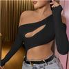 European and American Women's Crop Exposed Spicy Girl Slim Fit Long Sleeved Off Shoulder Solid Color Top