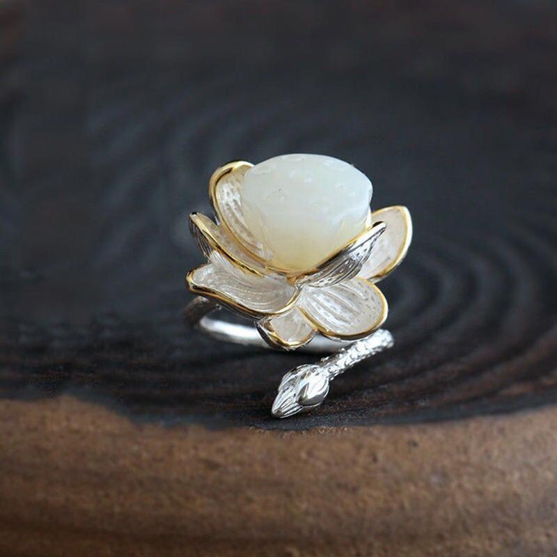New   Natural Hetian Jade Lotus Handmade Female Model Atmospheric Retro Temperament Open Ring